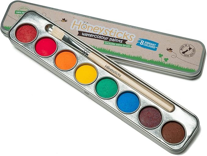 Honeysticks Non-Toxic Watercolor Paint Set for Kids and Toddlers - 8 Vibrant and Long Lasting Colors with Brush - Natural and Food Grade Ingredients - Child Safe Art Supplies - Great Gift Idea