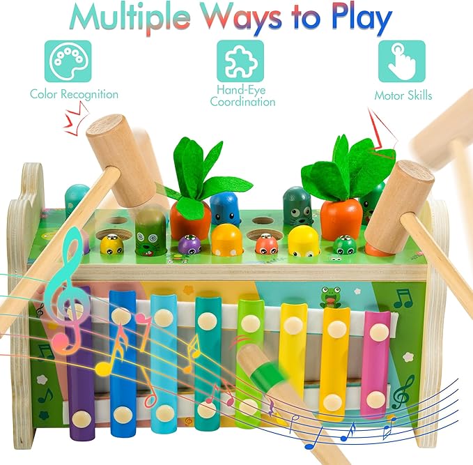 6-IN-1 Wooden Montessori Toys for 1 Year Old, Mole-Tapping Game | Play the Xylophone | Frog Clock | Carrot Harvest Game | Spinning Gear, Toddler Toys Aged 1-4, Baby Toy Gift for Early Learning