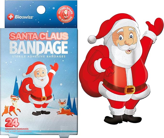 BioSwiss Bandages, Santa Claus Shaped Self Adhesive Bandage, Latex Free Sterile Wound Care, Fun First Aid Kit Supplies for Kids, 24 Count