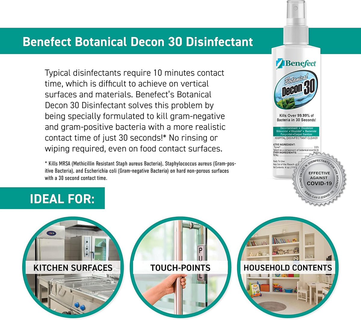 Benefect Botanical Decon 30 Disinfectant Cleaner, 4 oz. Spray Bottle, Light Lemon & Thyme Scent, Hospital Grade Disinfectant, Kills Over 99.99% of Germs, Safe for Food-Contact Surfaces