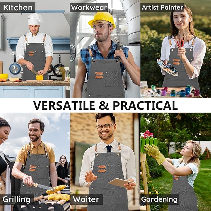 Canvas Aprons, Kitchen Chef Aprons, Work Aprons for Men Women, Adjustable Strap Aprons with 3 Pockets