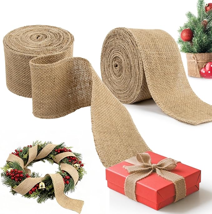 Burlap Ribbon 3 Inch Wide - Natural Burlap Fabric Rustic 29.5 FT 2 Rolls 4.9 Yard Thick Jute Christmas Ribbon for Crafts Flower Bouquet Christmas Tree Decorations