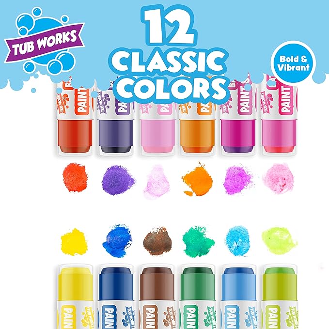 Tub Works® Bath Paint Sticks™ Bath Toy, 12 Count | Nontoxic, Washable Bathtub Paint for Kids & Toddlers | Twistable Sticks Draw Smoothly on Tub Walls | Smooth, Vibrant Alternative to Bath Crayons
