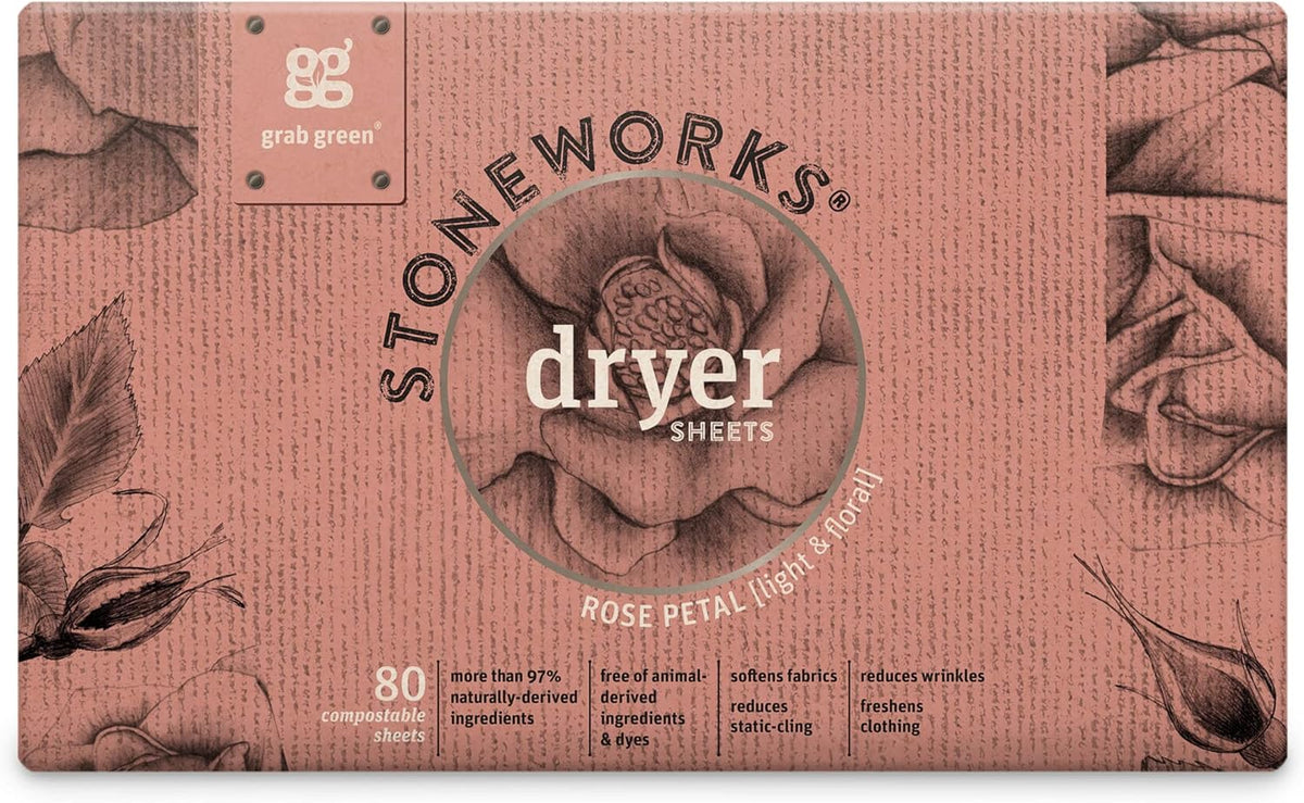 Grab Green Stoneworks Laundry Detergent Pods and Dryer Sheet Bundle (Rose Petal, 80 Count (Pack of 1)
