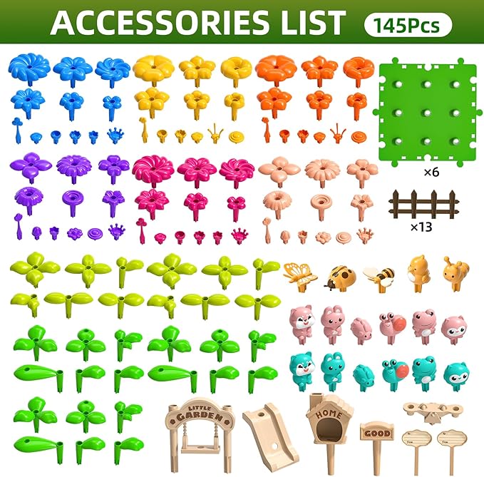 145 Pcs Toys for 3 Year Old Girl,Toddler Gardening Set Flower Garden Toy Girls Building Sets Best Educational Learning Fine DIY Crafts Stem Construction Stacking Kit,for 3 4 5 6 7 Years Kids