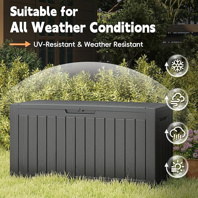 Outdoor Storage Box, 72 Gallon Waterproof Resin Deck Box, Storage Bin for Package Delivery, Patio Furniture Cushion, Garden Tools, Pool Accessories, Weatherproof and UV Resistant, Black