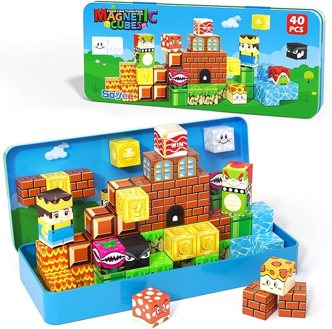 Magnetic Blocks Travel Toys with Portable Metal Tin - STEM Magnet Building Blocks Toddler Kids Toys for 3 4 5 6 7 8 Year Old Boys & Girls Xmas Birthday Gifts Classroom Must Haves Decor