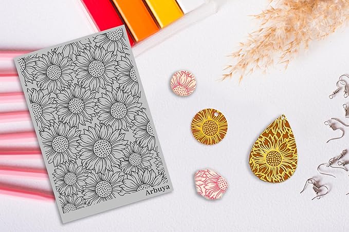 Arbuya Polymer Clay Sunflower Texture Sheets for Earring Jewelry Making, Clay Floral Texture Mat for Polymer Clay Projects Polymer Clay Stamps Earrings Tools