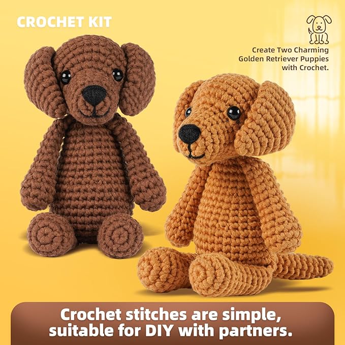 MOREJMTT Crochet Kit for Beginners, Learn to Crochet, Include Easy Knitting Soft Yarn, Step-by-Step Video Tutorial, Hook, Holiday Birthday Gift for Adults and Kids(2 Pack Golden Retriever)