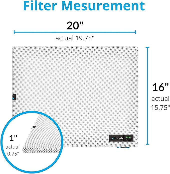 AirThreds 16x20x1 Air Filter for AC HVAC Furnace, Machine Washable & Dryer Friendly MREV 8 Plus Reusable Protection Filters