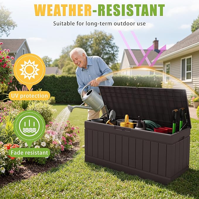 Greesum 82 Gallon Resin Deck Box Large Outdoor Storage for Patio Furniture, Garden Tools, Pool Supplies, Weatherproof and UV Resistant, Lockable, Dark Brown