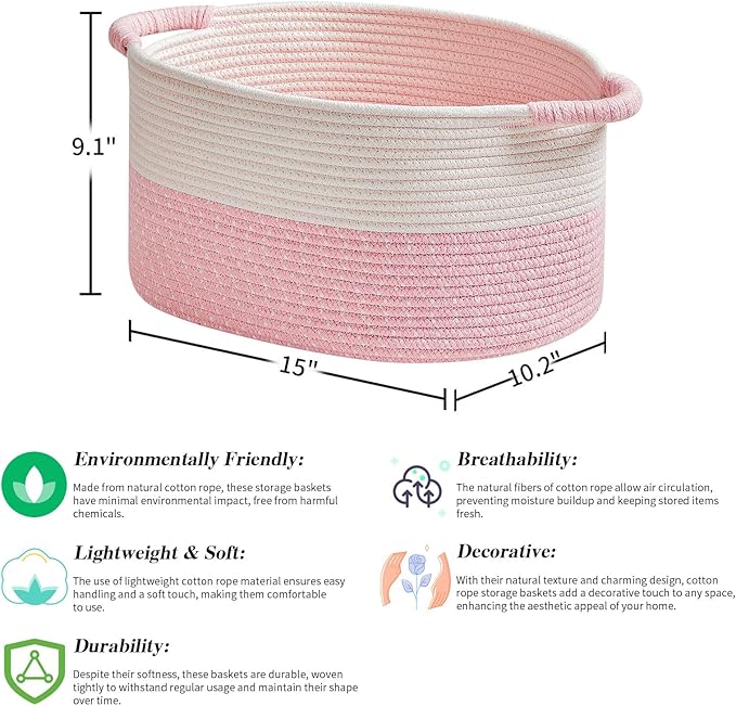 Storage Baskets for Organizing | 15"x10.2"x9.1" - 1 Pack Nursery Bin with Handles - Woven Cotton Rope Baskets for Dog Toys, Books, Shelf, Bathroom,Closet -Pink Basket for Girls