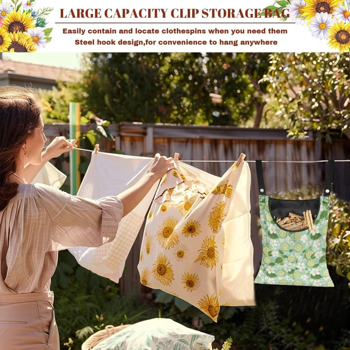Clothespin Bag for Outdoor Laundry Clothesline and Clothes Pin Holder Clothespin Bag for Clothes Pins Heavy Duty Outdoor Use - Lemons