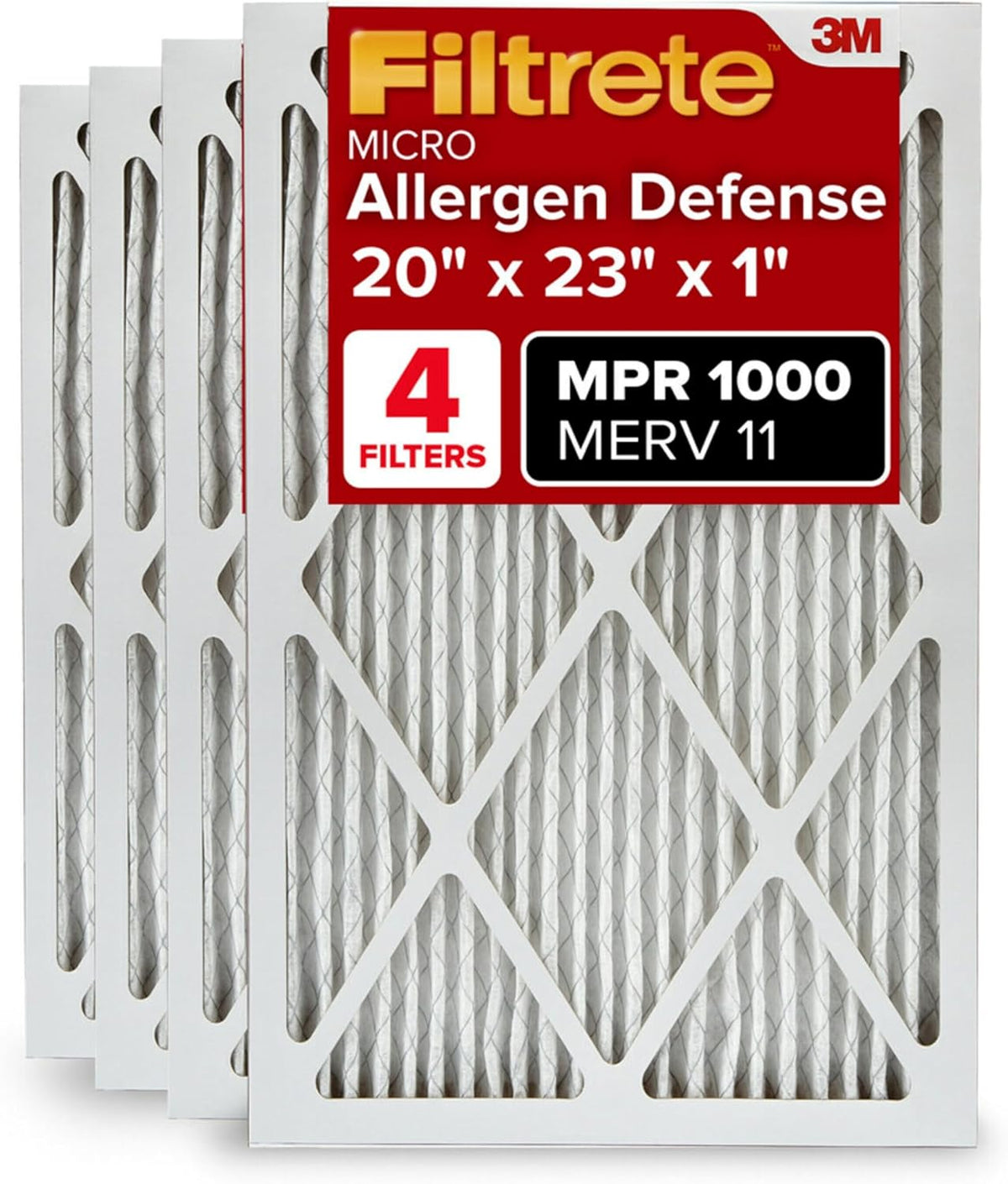 Filtrete 20x23x1 AC Furnace Air Filter, MERV 11, MPR 1000, Micro Allergen Defense, 3-Month Pleated 1-Inch Electrostatic Air Cleaning Filter, 4 Pack
