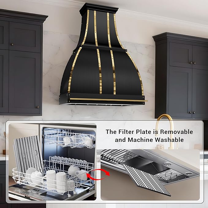 CHETTO C Stainless Steel Range Hood Cover with 4-Speed Vent Hood Insert Custom Handmade Metal Kitchen Fan with Towel Rack LED Light 30"W x21"D x21"H Black Wall Mount