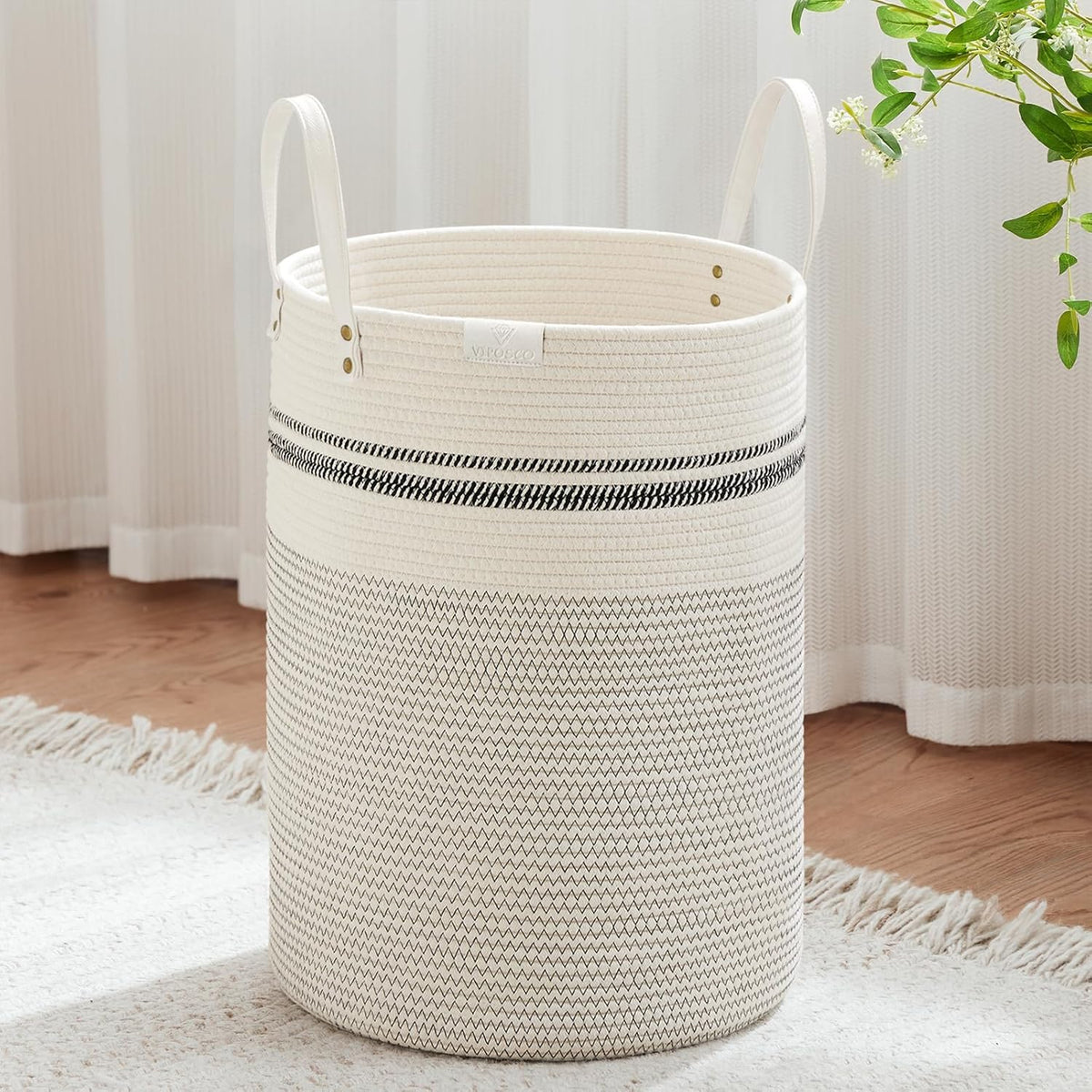 VIPOSCO Tall Laundry Basket, Large Dirty Clothes Hamper with Leather Handle, Woven Rope Storage Basket for Blanket, Toy In Living Room, Bathroom, Bedroom - 72L Stripe White