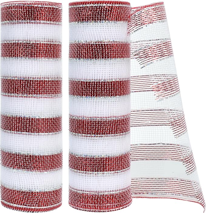 TONIFUL 2 Roll 10 Inch Red and White Striped Decorative Mesh Ribbon Rolls for Indoor Decor Christmas Valentine's Halloween Party Accessories Party Decoration Supplies (10yds/roll)