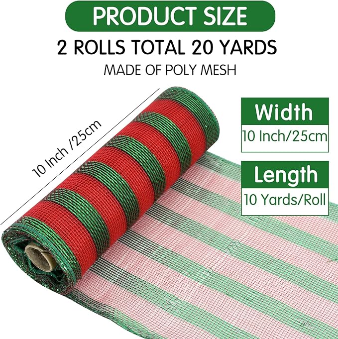 TONIFUL 2 Roll 10 Inch Red and Green Striped Decorative Mesh Ribbon Rolls for Indoor Decor Christmas Valentine's Halloween Party Accessories Party Decoration Supplies (10yds/roll)