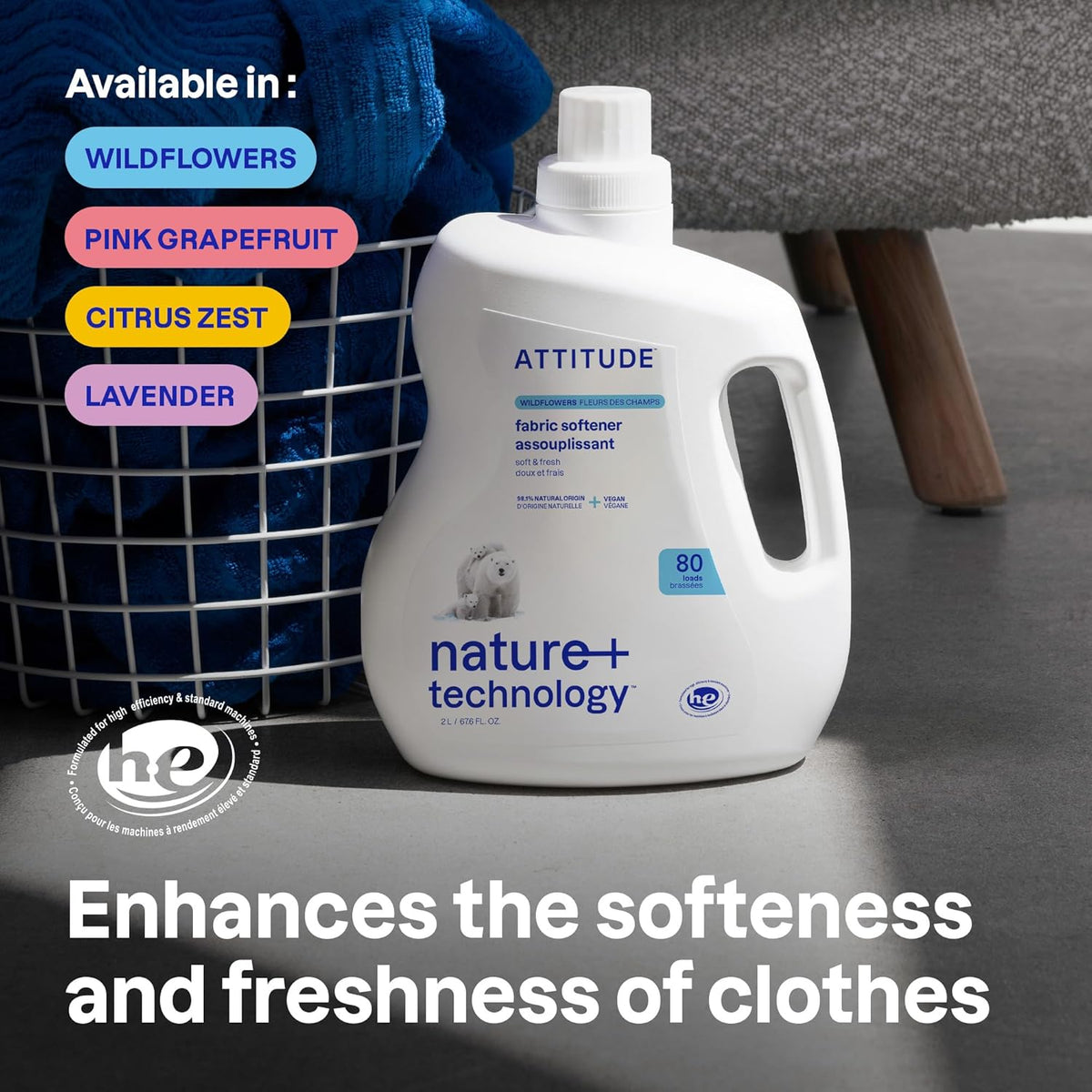 ATTITUDE Liquid Fabric Softener, Plant-Based & Vegan, HE Compatible, Naturally Derived, Lavender Scent, 80 Loads, 67.6 Fl Oz