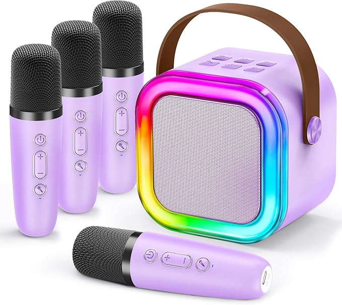 IROO Mini Karaoke Machine for Kids, 2025 TOP Toys Birthday Gifts Ideas for Girls Ages 4, 5, 6, 7, 8, 9, 10, 12+ Years Old, Portable MP3 Player with 4 Wireless Mics for Party