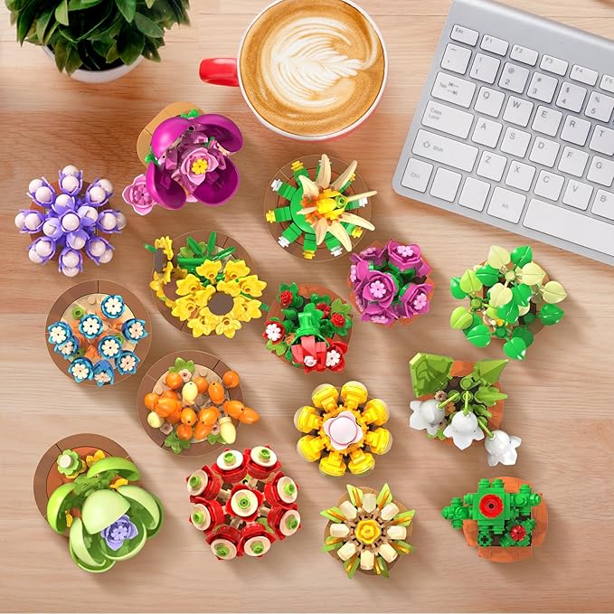 15 Pack Flowers Plants 3.6MM Mini Building Sets - 1314PCS Flower Succulents Botanical Collection for Home Office Décor Block Toy, Party Favors for Christmas Mother's Day Birthday Adults Kids Girls 10+