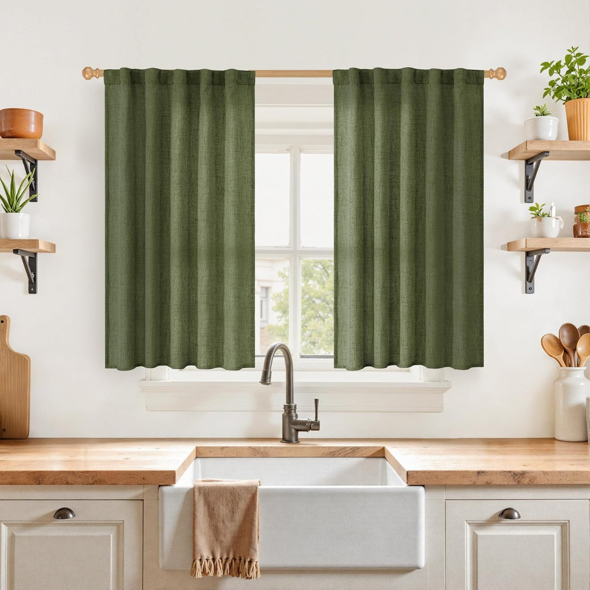 YoungsTex Olive Green Linen Curtains 40 Inch Length for Kitchen Window, Short Semi Sheer Drapes Textured Light Filtering with Rod Pocket Back Tab for Cafe Bathroom, 2 Panels, 42 X 40 Inch