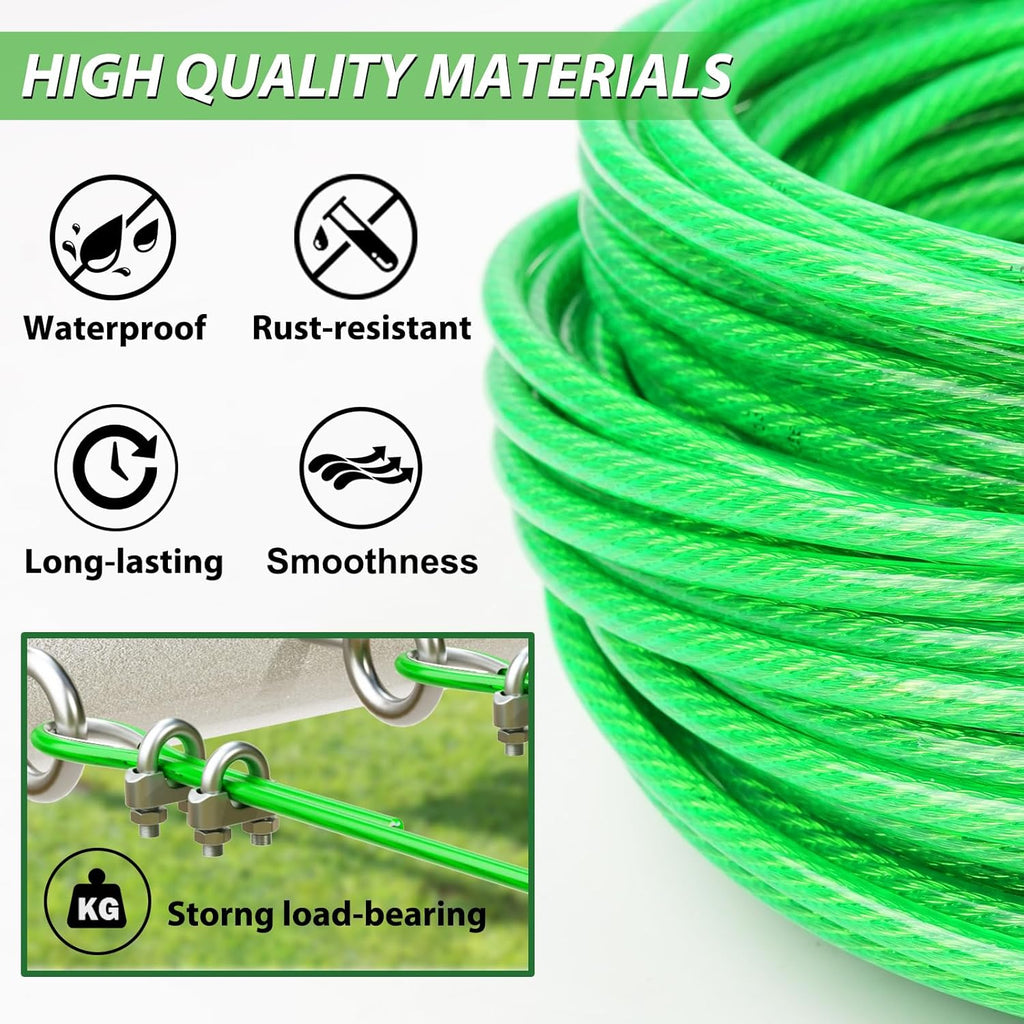 1/8" Wire Rope, 100 Ft PVC Coated Wire Cable Metal Steel Cable Trellis Kit, Multi-use Clothes Line for T Post/Climbing Grapevines Plants Outdoor/String Light Hanging Kit