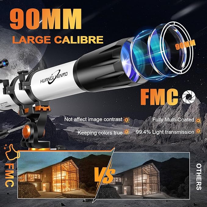 PISEZ Telescope for Adults High Powered ，90mm Aperture 800mm （35X-210X Professional Refractor Travel Astronomical Telescope for Kids & Beginners with Carry Bag, Phone Adapter