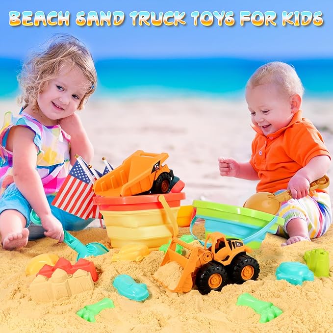 Beach Sand Toys for Kids, 29PCS Sandbox Toys with 2 Collapsible Bucket Sand, 2 Dump Truck, Dinosaur Molds, Castle Building Kit, Shovel Sieve,Flags,Mesh Bag Travel Beach Toys for Toddler 3-10