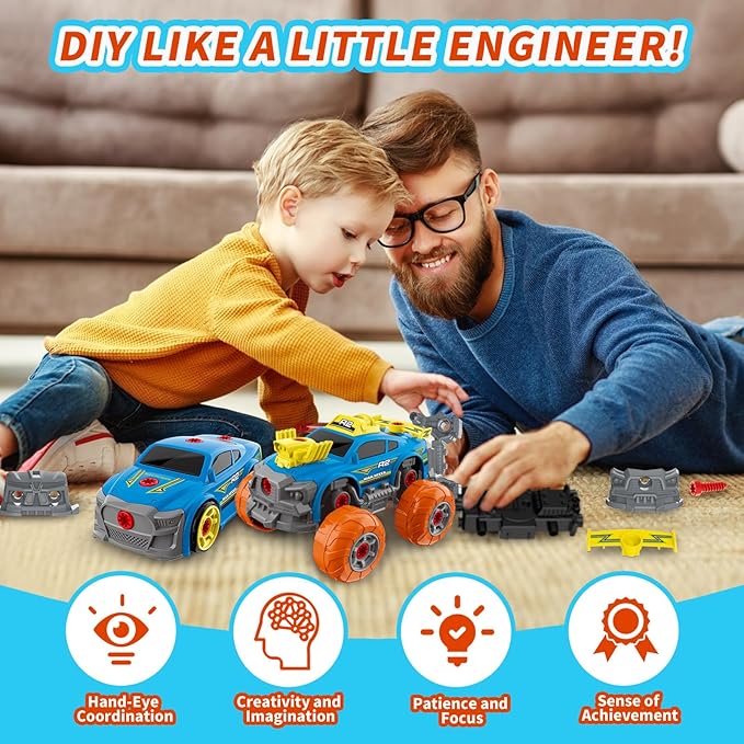 3-in-1 Construction Car for Boys Ages 3+ Years Old, Take Apart Car with Electric Drill, 46 Pcs Cars Building Kit, Build Your Own Toy Cars with Tools, Ideal STEM Present for Kids Children(Blue)