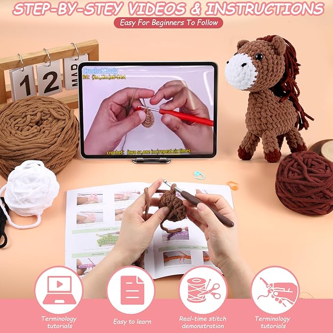 Crochet Animal Kit–10in Big Adorable HORSE, Amigurumi Crochet Kit For Intermediate Advanced level, Kids Knitting Kit With Detailed Videos Tutorials, Yarn, Crochet Hook, Best Gift For Crochet Lovers