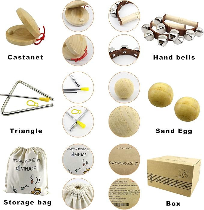 VINJOE Wooden Music Set–Kids Musical Instruments Toys, Natural Wood Percussion Instruments Toy for Kids Preschool Education Baby Musical Toys Instrument Set for Toddlers Best Gifts for Christmas