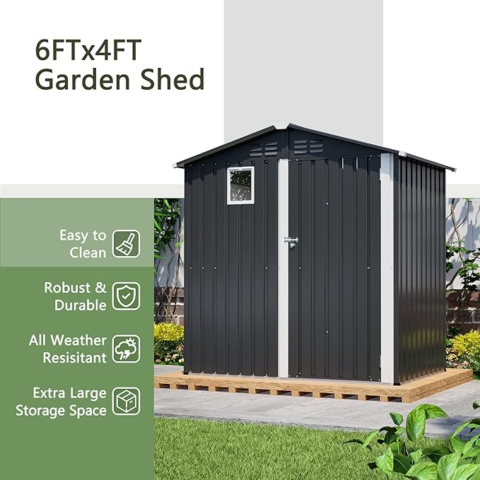 6x4 FT Outdoor Storage Shed with Windows Metal Garden Sheds with Lockable Doors Waterproof Galvanized Small Tool Storage Steel Sheds with Air Vents Sloping Roof Ideal for Backyard Patio Lawn Gray