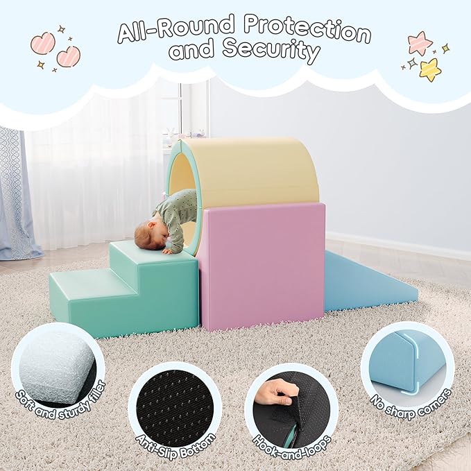 Tunnel/Ramps Foam Climber, Climb & Crawl Foam Activity Play Set for Toddlers and Kids, Safe Indoor Crawling Gym Equipment for,Infant,Baby Waterproof Easy to Clean (Pink)