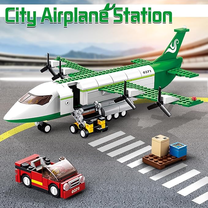 City Cargo Plane Building Set, Plane City Kits Building Blocks with Car, Luggage Tray, Movable Stairs, Compatible with Lego Plane Airport, Airplane Model Toys Gifts for Adults Boys Girls 6-12