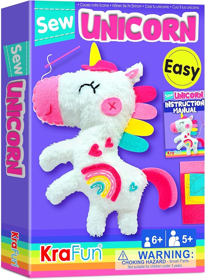 KRAFUN Beginner My First Unicorn Sewing Kit for Kids Art & Craft, Doll Plushie Animal, Instructions & Plush Felt Materials for Learn to Sew, Embroidery, Age 7 8 9 10 11 12