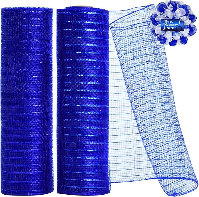 TONIFUL 2 Rolls 10 Inch Blue Decorative Mesh Ribbbon Rolls, Fabric Mesh with Foil for Wreath Supplies, Front Door Wreath Crafts Tree Decor Christmas NewYears Halloween Decoration (10 yds/roll)