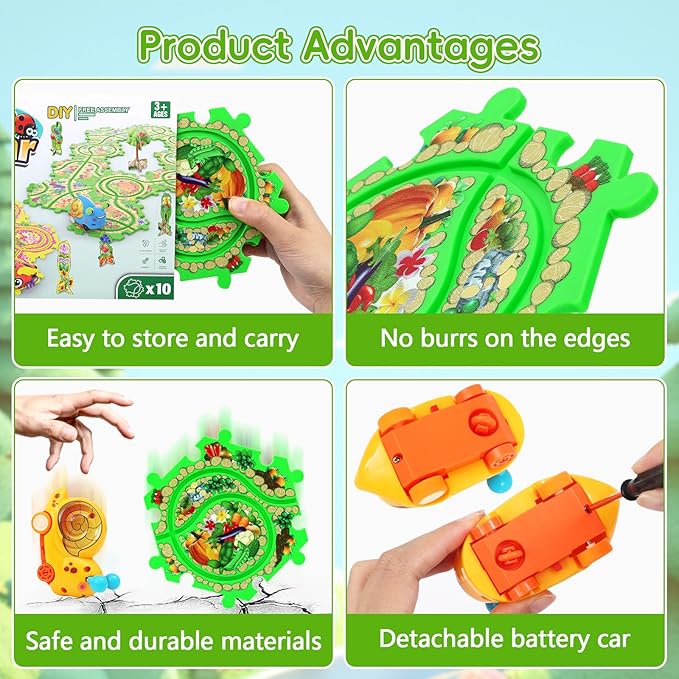 10Pcs Puzzle Racer Kids Car Track Set for Toddlers Boys, Race Tracks for Kids Ages 3-8, Puzzle Track Car Play Set, Educational Puzzles Cars Toys for 3 4 5 6 Year Old Boys (Snail)