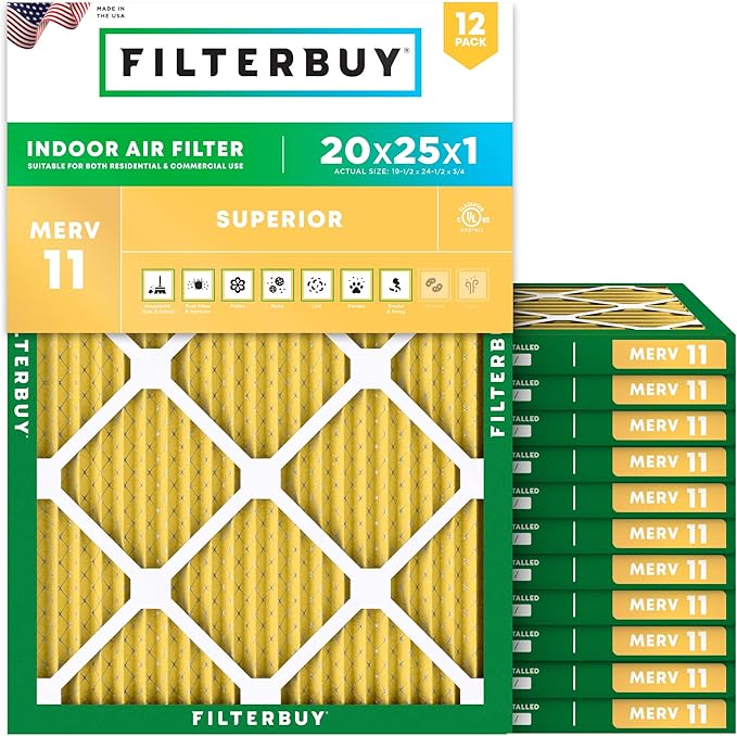 Filterbuy 20x25x1 Air Filter MERV 11 Superior Pet & Allergy Defense (12-Pack), Electrostatic Pleated HVAC AC Furnace Filters Replacement, Made in USA (Actual Size: 19.50 x 24.50 x 0.75)
