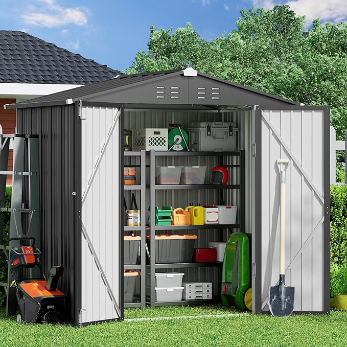 Gizoon Outdoor Storage Shed 6 x 4 FT, Galvanized Metal Garden Shed with Double Lockable Doors, Outdoor Storage Clearance for Backyard Patio Lawn-Dark Grey