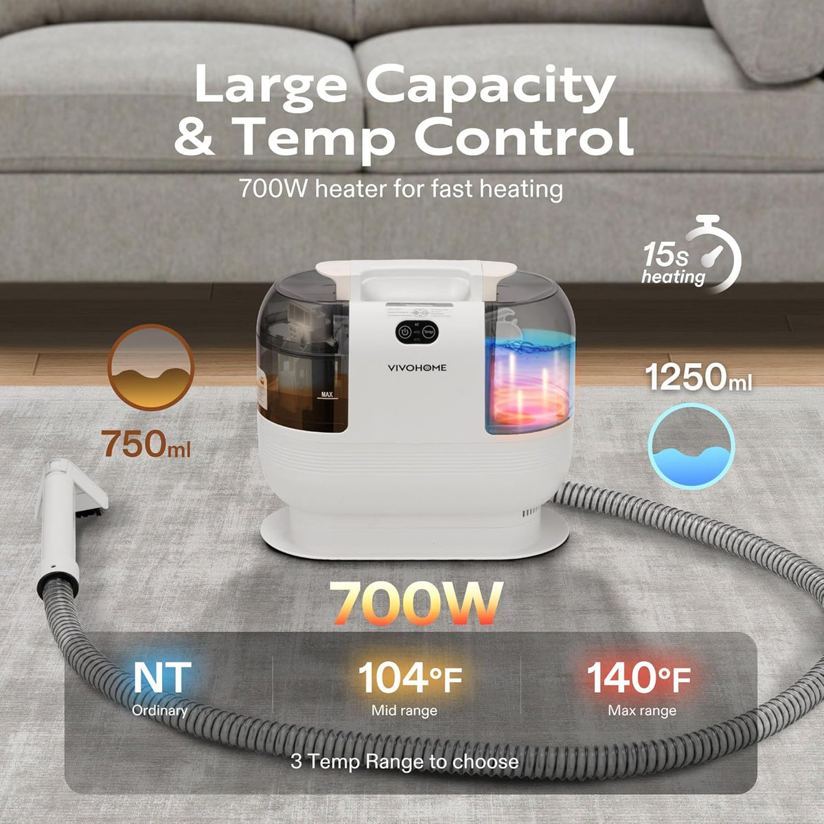 VIVOHOME Portable Multipurpose Carpet Cleaner Machine, 15s Fast Heating Spot Cleaner for Upholstery, 4 Detachable Brush Heads for Pets, Couch, Car Seats, Self-Cleaning, 14Kpa Strong Suction