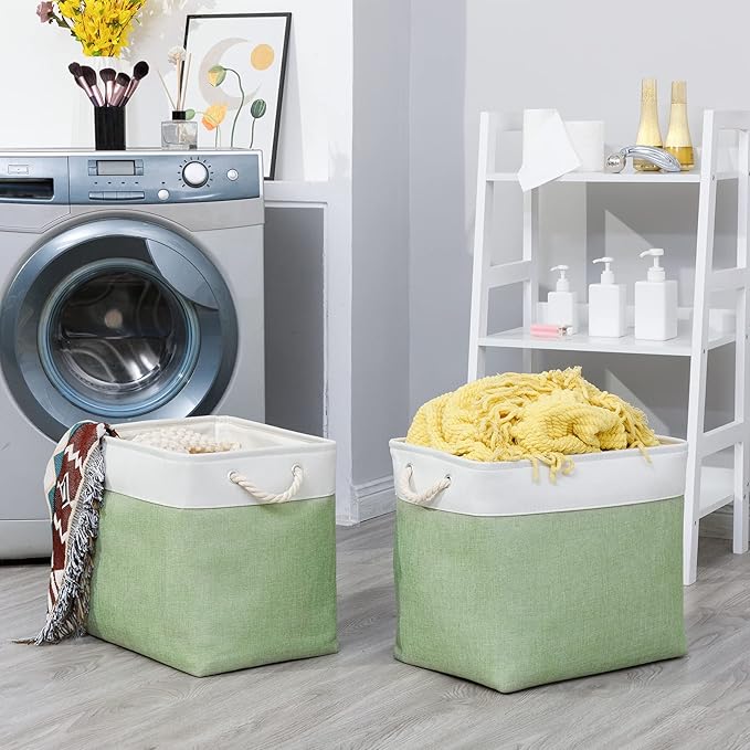 Bidtakay Large Storage Baskets for Nursery Toy Organizer Collapsible Organizing Baskets 17x12x15 In Green Canvas Bins for Organizing Set of 2 Clothes Decorative Baskets for Home Office Room Decor