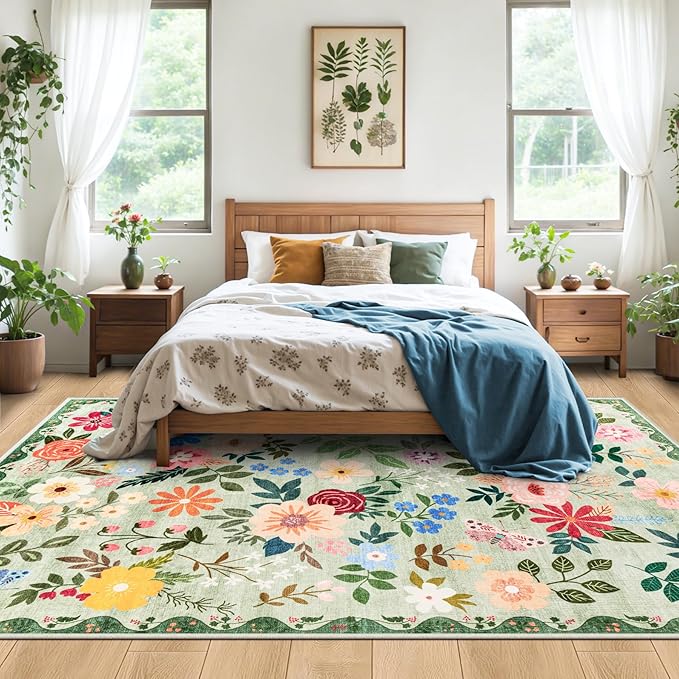 Area Rug Living Room Rugs: Floral 5x7 Washable Rug Vintage Soft Boho Non-Slip Carpet Indoor Stain Resistant Large Carpets for Bedroom Dining Room Farmhouse Nursery Hallway Home Office Green