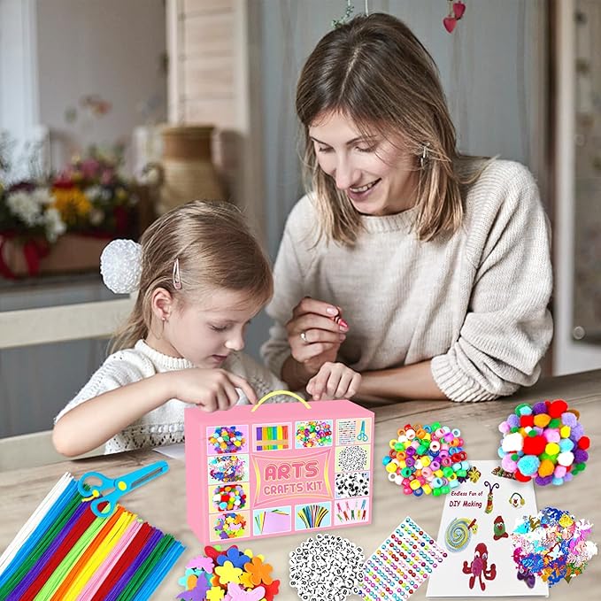 2000 PCS Arts and Crafts Supplies for Kids All-in-1 Craft Kit with Pipe Cleaners Craft Box Set DIY Crafting Supply School Supplies Toys Gifts for Girls Boys Ages 4-6, 6-8, 8-12, Pink