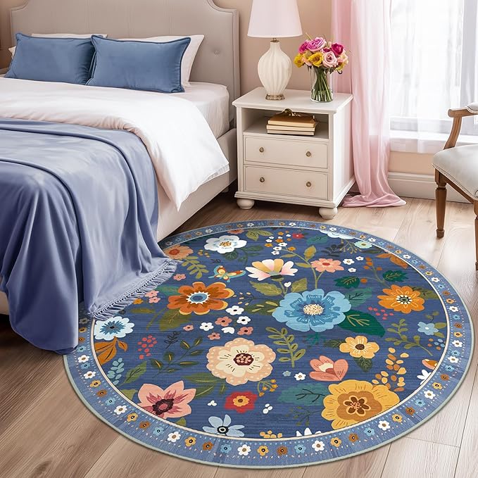 Floral 8ft Area Rug Machine Washable Soft Print Boho Carpet Non Slip Doormat Low Pile Flower Area Rugs for Living Room Bedroom Nursery Kitchen Dining Room Indoor-Blue/Grey