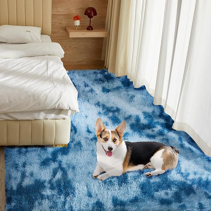 Ultra Soft Rug for Living Room, 9X12 Fluffy Shag Area Rug for Bedroom, Modern Shaggy Carpets Fuzzy Rug for Teens Dorm Nursery Home Decor Aesthetic, Upgrade Anti-Skid Durable, Tie-Dyed Blue Grey