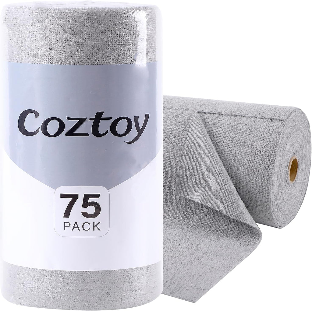 Microfiber Cloth Roll 75 Pack, 180GSM, Tear Away Microfiber Towels 12x12 Inch, Reusable Cleaning Rags for Car Detailing, Kitchen, Dishes, House Cleaning, Windows, Glass, Garage, Shop (Grey)