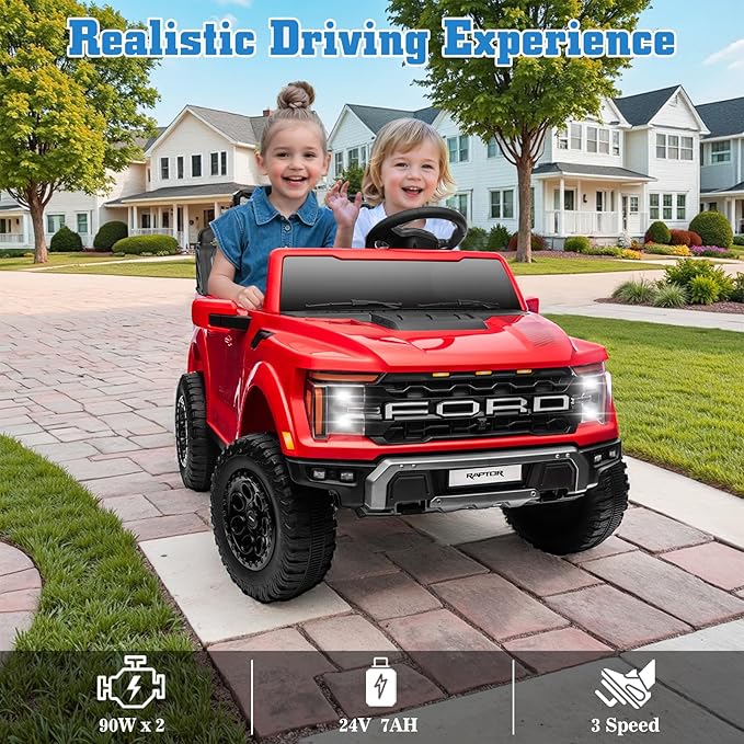 24V Ride on Car Licensed Ford F-150 Raptor, Kids Electric Car with Remote Control, LED Light/Music/MP3, Truck Bed Storage, 3-Point Seat Belt (24V, Red)