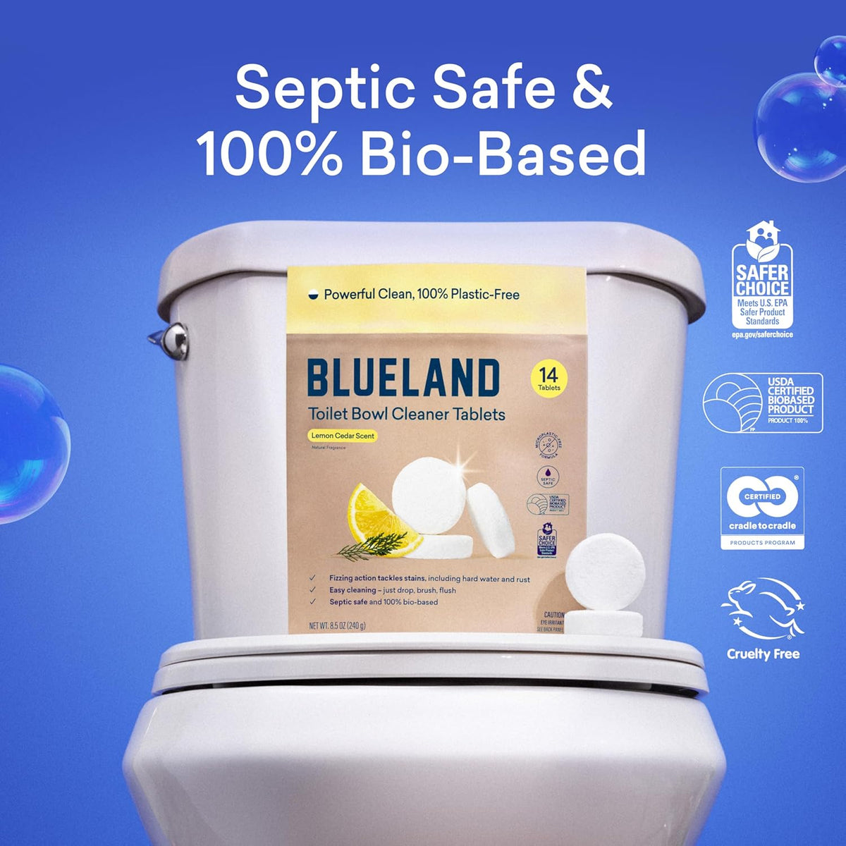 BLUELAND Toilet Bowl Cleaner Tablets, 2-Pack, 28 Count, Lemon Cedar, Plastic-Free, No Harsh Chemicals, Plant-Based