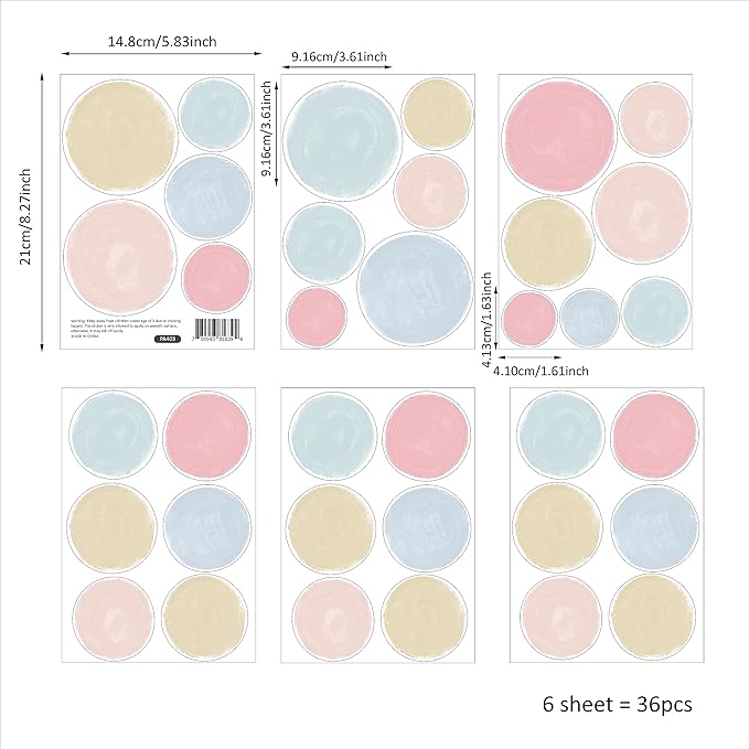 Colorful Polka Dot Wall Decals 36 PCS, Watercolor Dots Wall Sticker for Girls Bedroom Removable Wall Decals Nursery Kids Room Decor (6 Sheets)
